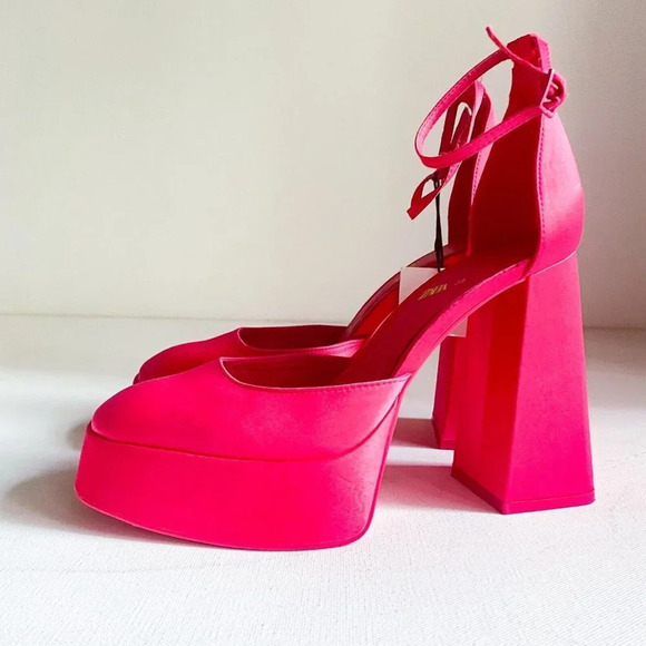 Zara Hot Pink  Satin Chunky Block Heel Platform Heels 7.5 - Picture 6 of 9